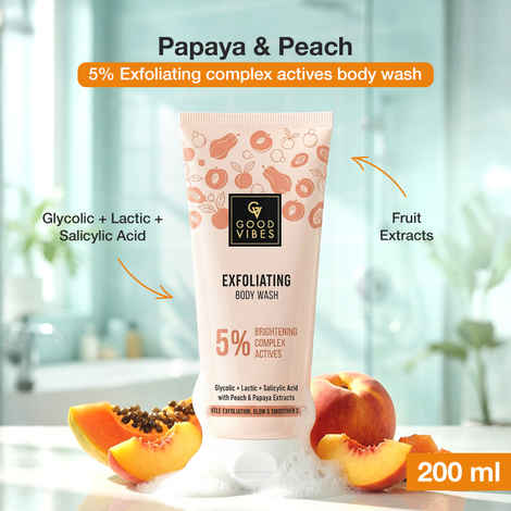 Buy Good Vibes Peach & Papaya AHA BHA Exfoliating Body Wash | 5% Brightening Complex | with Glycolic, Lactic & Salicylic Acid | Smoothens Rough Skin | Removes Dead Skin Build-Up | Soft & Glowing Skin | 200 ml - Purplle