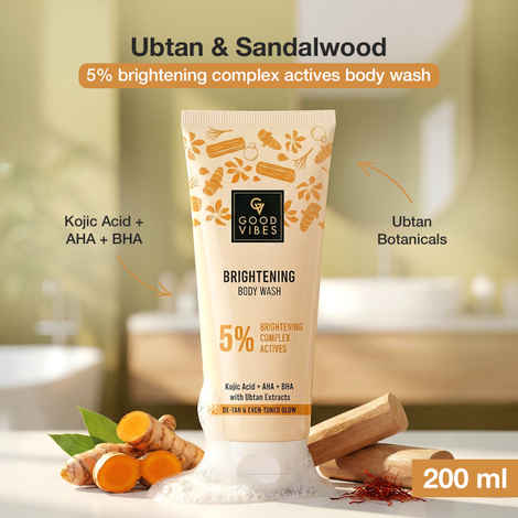 Buy Good Vibes Ubtan Kojic Acid Brightening Body Wash | 5% Brightening Complex | Ubtan & Sandalwood with AHA + BHA | Daily Gentle Exfoliating Body Cleanser | Removes Tan & Dullness | 200 ml - Purplle