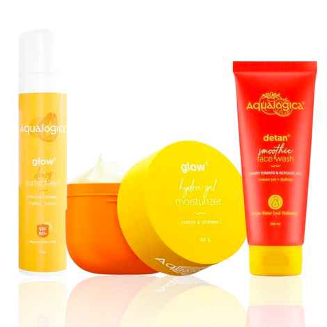 Buy Aqualogica Fruity Trio: Aqualogica Glow+ Dewy Sunscreen Gel SPF 50+ PA++++ (50 gm) + Aqualogica Detan+ Smoothie Face Wash (100 ml) + Aqualogica Glow+ Hydra Gel Moisturizer (100 gm) Combo of 3 - Purplle