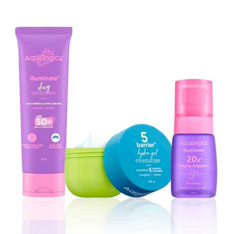Buy Aqualogica Barrier & Glow Trio: Illuminate+ Sunscreen SPF 50+ (50 gm) + Barrier+ Hydra Gel Moisturizer (200 gm) + Illuminate+ Alpha Arbutin Serum (50 ml) Combo of 3 - Purplle