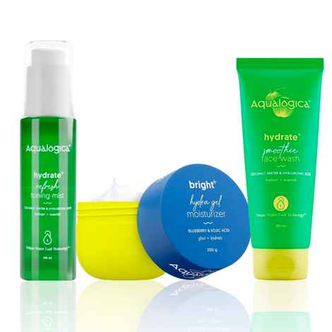 Buy Aqualogica Coconut & Kojic Hydration Trio: Hydrate+ Refresh Toning Mist (100 ml) + Bright+ Hydra Gel Moisturizer with Kojic Acid (200 gm) + Hydrate+ Face Wash (100 ml) Combo of 3 - Purplle