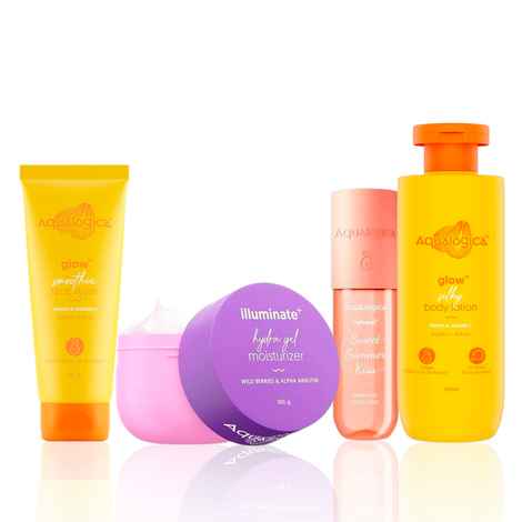 Buy Aqualogica Berry & Papaya Glow Quad: Illuminate+ Hydra Gel Moisturizer (200 gm) + Glow+ Smoothie Face Wash (100 ml) + Glow+ Silky Body Lotion (200 ml) + Refresh+ Perfume Body Mist (150 ml) Combo of 4 - Purplle