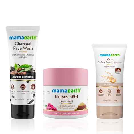 Buy Mamaearth Oily Skin Care Combo: Multani Mitti Oil Balance Face Pack (200 gm) + Charcoal Face Wash (100ml) + Rice Oil-Free Moisturizer (50 gm) – Controls Oil & Fights Acne - Combo of 3 - Purplle