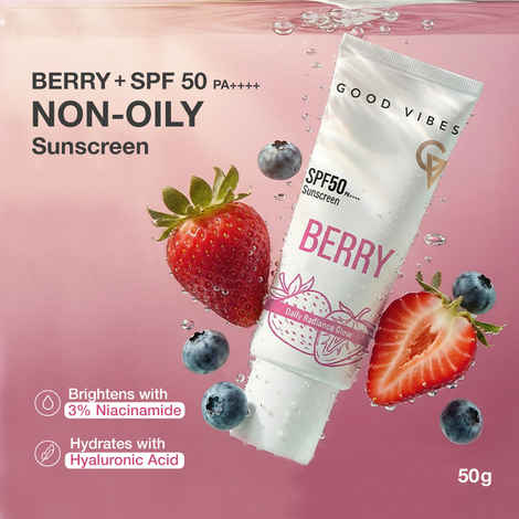 Good Vibes Berry Brightening Sunscreen SPF 50 PA++++ | With Strawberry & Blueberry Extracts | Powered by 3% Niacinamide & Hyaluronic Acid | Daily Radiance Glow | Lightweight Non-Sticky | No White Cast | Broad Spectrum UVA & UVB Protection | 50 gm