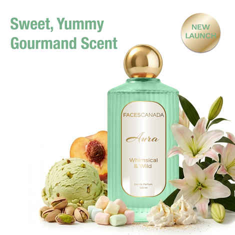 Buy FACES CANADA Aura Whimsical & Wild Eau De Parfum For Women, 100 ml | Sweet Gourmand Long Lasting Perfume Upto 8 Hrs | Pistachio, Hazelnut, Peach & Cacao Notes | 20% Fragrance Oil | Gifts for Women | Premium Fragrance - Purplle
