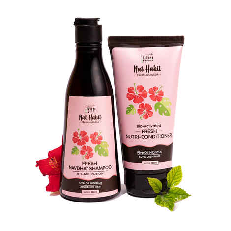 Buy Nat Habit Five Oil Hibiscus Shampoo & Conditioner Combo For Hair Fall Control, 72 Hr Frizz Control - Combo of 2 - Purplle