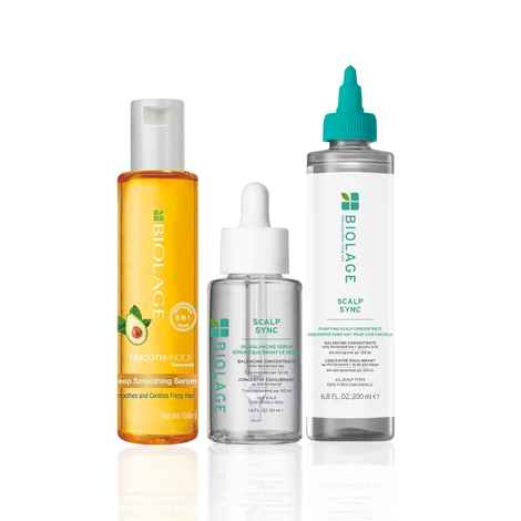 Buy Biolage Professional & Scalp Sync Advanced Treatment Trio | 6-in-1 Hair Serum (100 ml) + Anti-Dandruff Concentrate (200 ml) + Oil Balancing Serum (50 ml) - Combo of 3 - Purplle