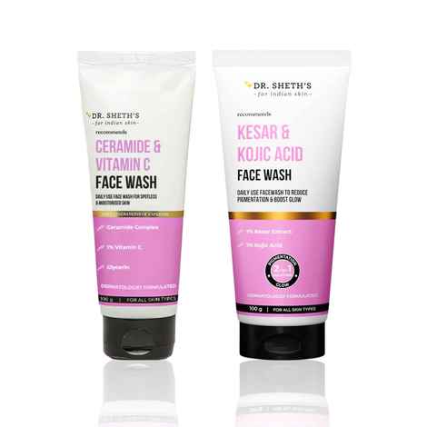 Buy Dr. Sheth's Brightening Face Wash Combo (Ceramide & Vitamin C Face Wash – 100 gm + Kesar & Kojic Acid Face Wash – 100 gm) Combo of 2 - Purplle