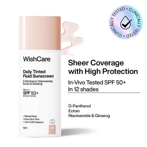 Buy WishCare Daily Fluid Tinted Sunscreen SPF50 PA++++|L101| Broad Spectrum Protection for all skin types| In-Vivo Tested| D-Panthenol, Niacinamide, Ectoin & Ginseng | Evens & Protects | 50 ml - Purplle