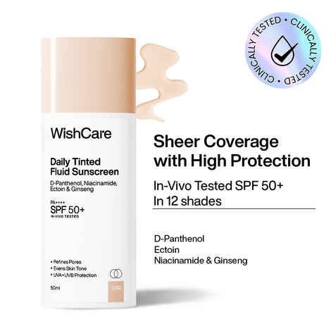 Buy WishCare Daily Tinted Fluid Sunscreen SPF50 PA++++|L102| Broad Spectrum Protection for all skin types| In-Vivo Tested| D-Panthenol, Niacinamide, Ectoin & Ginseng | Evens & Protects | 50 ml - Purplle