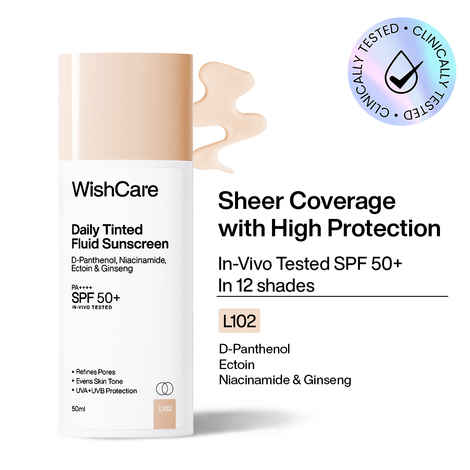 Buy WishCare Daily Fluid Tinted Sunscreen SPF50 PA++++|L102| Broad Spectrum Protection for all skin types| In-Vivo Tested| D-Panthenol, Niacinamide, Ectoin & Ginseng | Evens & Protects | 50 ml - Purplle