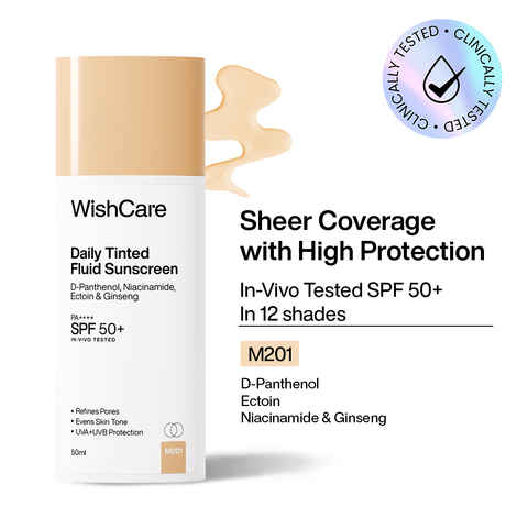 Buy WishCare Daily Fluid Tinted Sunscreen SPF50 PA++++|M201| Broad Spectrum Protection for all skin types| In-Vivo Tested| D-Panthenol, Niacinamide, Ectoin & Ginseng | Evens & Protects | 50 ml - Purplle