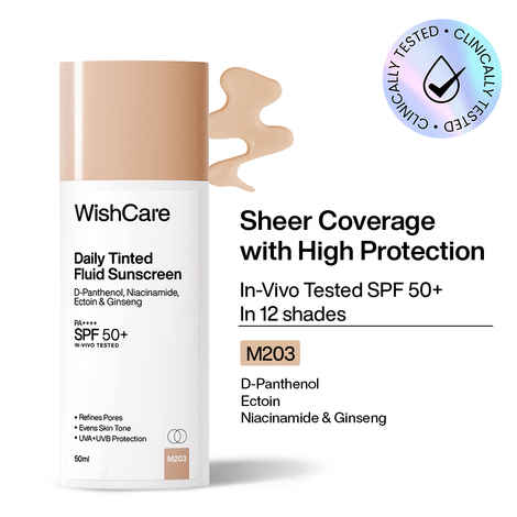 WishCare Daily Fluid Tinted Sunscreen SPF50 PA++++|M203| Broad Spectrum Protection for all skin types| In-Vivo Tested| D-Panthenol, Niacinamide, Ectoin & Ginseng | Evens & Protects | 50 ml
