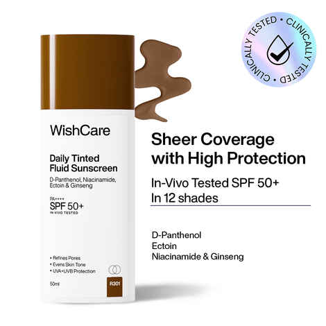 Buy WishCare Daily Tinted Fluid Sunscreen SPF50 PA++++|R301| Broad Spectrum Protection for all skin types| In-Vivo Tested| D-Panthenol, Niacinamide, Ectoin & Ginseng | Evens & Protects | 50 ml - Purplle