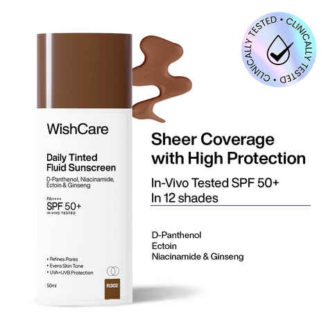 Buy WishCare Daily Tinted Fluid Sunscreen SPF50 PA++++|R302| Broad Spectrum Protection for all skin types| In-Vivo Tested| D-Panthenol, Niacinamide, Ectoin & Ginseng | Evens & Protects | 50 ml - Purplle