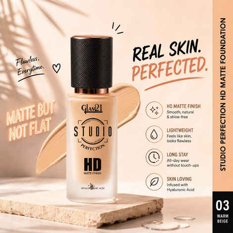 Buy Glam 21 Studio Perfection HD Matte Foundation - Matte Finish | Full Coverage Blendable | Long-Lasting Wear & Waterproof | Hyaluronic Acid Infusion | Oil Control - For Normal Skin- Warm Beige 30 ml - Purplle