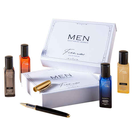 Buy mCaffeine FIEN Men Written By Women | Perfume Gift Set for Men | 12 Hrs Long Lasting Eau De Parfum with 007, Fierce, Slow Kiss & Magnetic - 20 ml x Pack of 4 | Diwali Gift for Him - Purplle