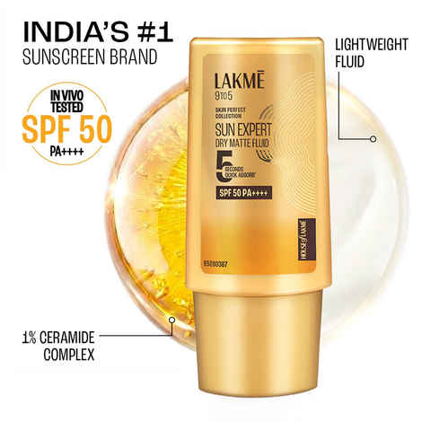 Buy Lakme Fluid SPF 50 PA++++ In-Vivo tested Sunscreen With 1% Niacinamide & Ceramide,all skin type 30 ml - Purplle