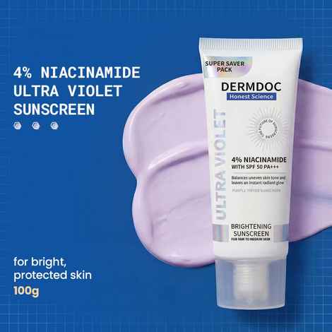 Buy Dermdoc 4% Niacinamide Ultra Violet Brightening Sunscreen With Spf 50 (100 gm) | Sunblock | Sunscreen for Oily Skin | UV Protection | With Shine Formula | Purple Tinted Sunscreen - Purplle