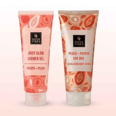 Buy Good Vibes Papaya & Peach Body Care Duo (Papaya & Peach Juicy Glow Shower Gel-200 ml + Papaya + Peaches+ AHA BHA Exfolating Body lotion-200 ml) Combo of 2 - Purplle