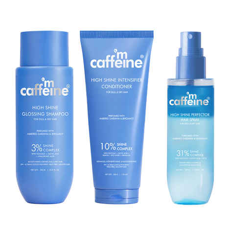 Buy mCaffeine Complete Glossy Hair Routine | Shampoo + Conditioner + Anti-Frizz Perfume Hair Spray | New Shine Complex for Smooth, Glossy Hair - Combo of 3 - Purplle