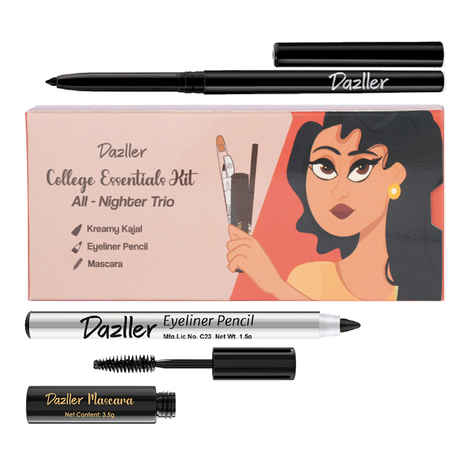 Buy Dazller College Makeup Essentials-3 |Kreamy Kajal + Mascara + EyelinerPencil |MatteFinish |Black, 5.35 gm - Purplle