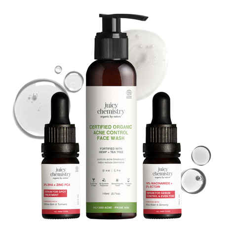 Buy Juicy Chemistry Clear Skin Routine: Hemp & Tea Tree Clarifying Facewash (110 ml) + 10% Niacinamide (10 ml) + 2% BHA & Zinc PCA (10 ml) | Reduces Acne Scars | Cleanses, Treats & Improves Skin | Combo of 3 - Purplle
