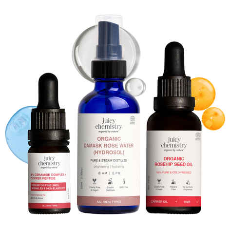 Buy Juicy Chemistry Skin Barrier Repair & Glow Kit: Damask Rose Water (50 ml) + 3% Ceramide Complex + Copper Peptide (10 ml) + Rosehip Seed Oil (30 ml) | Hydrates, Nourishes & Improves Skin | Combo of 3 - Purplle