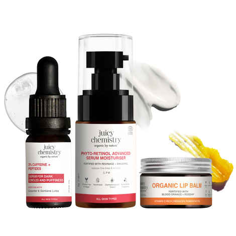 Buy Juicy Chemistry Overnight Kit: Phyto-retinol Anti-aging Moisturiser (30 ml) + 3% Caffeine & Peptides Eye Serum For Dark Circles & Puffiness (15 ml) + Organic Depigmentation Lip Balm (5 gm) | Combo of 3 - Purplle