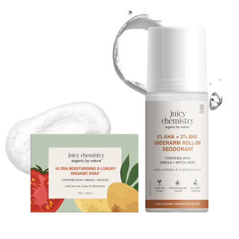 Buy Juicy Chemistry Depigmentation Kit: 5% AHA 2% BHA Underarm Odour Control Roll-On Deodorant (50 ml) + Organic Brightening Luxury Potato & Tomato Soap (100 gm) | Reduces Tan & Pigmentation | Combo of 2 - Purplle