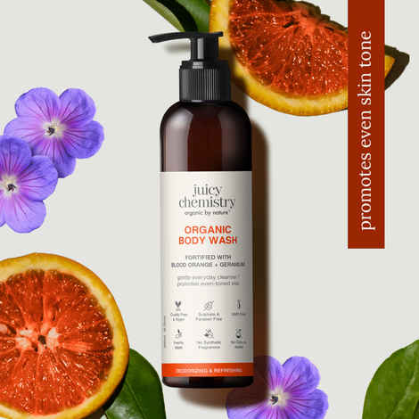 Buy Juicy Chemistry Organic Body Wash with Blood Orange & Geranium, 200 ml | Hydrating & Refreshing Shower Gel | Deeply Cleanses & Removes Impurites | Promotes Even-Toned Skin | Cruelty Free & Vegan | Dermatologically Tested - Purplle