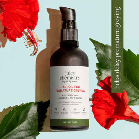 Buy Juicy Chemistry Hair Oil for Premature Greying with Hibiscus & Bhringaraj, 100 ml | Hydrating & Nourishing Hair Oil | Improves Scalp Health | Deeply Conditions | Improves Hair Texture | Dermatologically Tested - Purplle