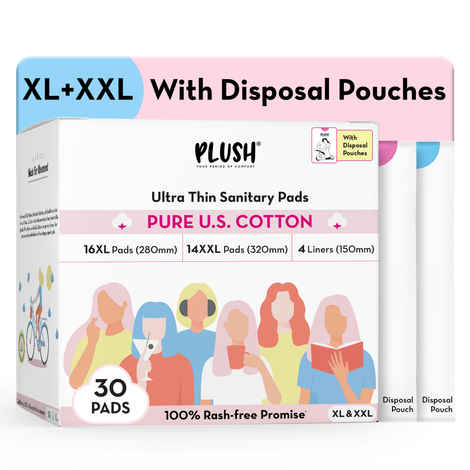 Buy Plush Ultra-Thin Sanitary Pads For Women, 30 Cotton Sanitary Napkins | 14 Heavy Flow XXL pads + 16 Medium Flow XL pads + 4 Panty Liners For Rash Free Periods | Pure U.S. Cotton Pads With Disposable Pouch - Purplle