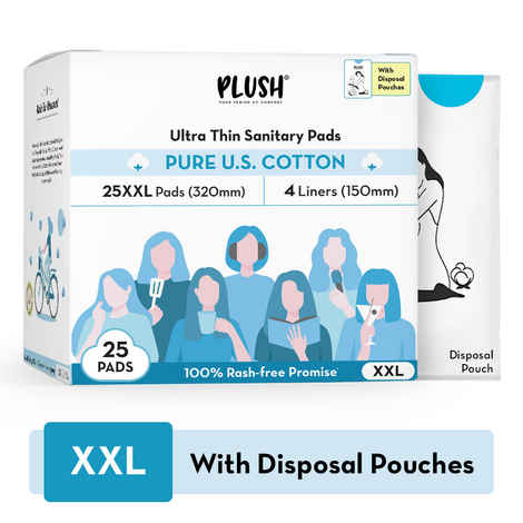Buy PLUSH Ultra-Thin XXL Sanitary Pads for Women, 25 Pcs | For Light-Medium Flow | 4 Panty Liners | 100% Rash-Free | Pure U.S. Cotton Sanitary Napkins - Purplle