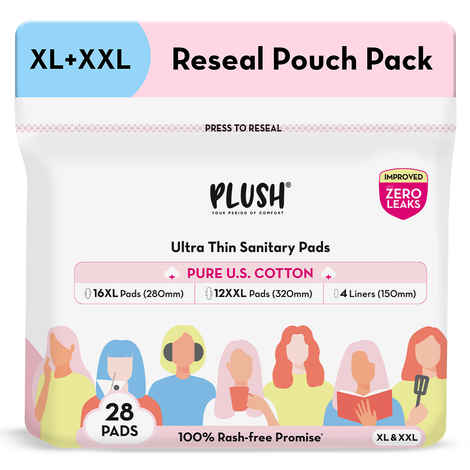 Buy Plush Ultra-Thin Sanitary Pads For Women, 28 Cotton Sanitary Napkins | 12 Heavy Flow XXL pads + 16 Medium Flow XL pads + 4 Panty Liners For Rash Free Periods | Pure U.S. Cotton Pads With Re-sealable Pouch - Purplle