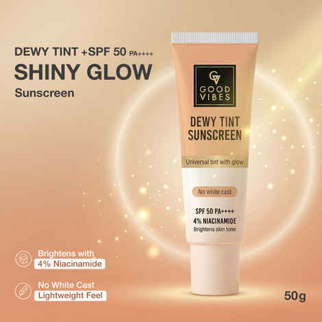 Buy Good Vibes Dewy Tint Sunscreen SPF 50 PA++++ | With 4% Niacinamide | Universal Tint with Glow | Instant Brightening & Tone Correction | No White Cast | | Lightweight Non-Oily Formula | Broad Spectrum UVA & UVB Protection | Daily Wear | 50 gm - Purplle