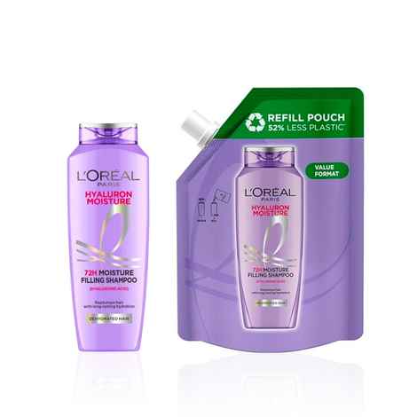 Buy L'Oreal Paris Frizz Free Hydration Combo - Hyaluron 72 HR Moisturising Shampoo (340 ml) , Hyaluron 72 HR Moisturising Shampoo Refill Pouch (500 ml) - Combo of 2 - Purplle