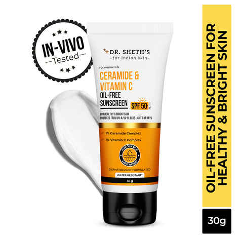 Buy Dr. Sheth's Ceramide & Vitamin C Oil-Free Sunscreen SPF 50+ PA++++ |In-Vivo Tested | For Healthy & Bright Skin | Lightweight & Non Greasy | For UVA/UVB & Blue Light & IR Protection | No white cast | For Oily Skin | For Men & Women | 30 gm - Purplle
