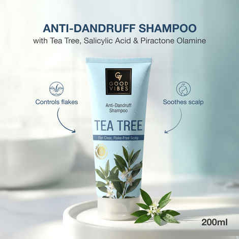 Buy Good Vibes Tea Tree, Salicylic Acid & Piroctone Olamine Anti-Dandruff Shampoo | Reduces Dandruff & Flakes | Soothes Itchy Scalp | Removes Oil & Buildup | Gentle Cleansing for Clean, Flake-Free Scalp | 200 ml - Purplle