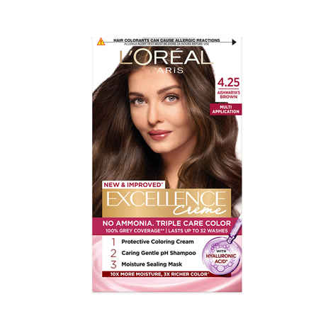 Buy L’Oreal Paris New Excellence Creme Hair Color With Hyaluronic Acid | 3X Richer Color, 10X Moisture | 100% Grey Coverage | Shade 4.25 | Aishwarya’s Brown, 60 gm + 60 ml + 12 ml + 40 gm - Purplle