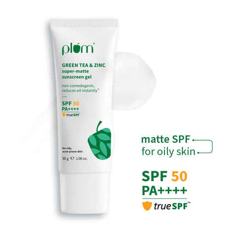 Buy Plum Green Tea & Zinc Super-Matte Sunscreen Gel | SPF 50 PA ++++, Formulated For Oily Skin | Protects & Controls Oil | Lightweight Gel Texture | No White Cast & Non-sticky | With Hybrid Filters |Fragrance-Free | 30 gm - Purplle