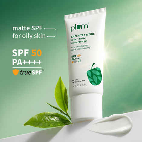 Buy Plum Green Tea & Zinc Super-Matte Sunscreen Gel | SPF 50 PA ++++, Formulated For Oily Skin | Protects & Controls Oil | Lightweight Gel Texture | No White Cast & Non-sticky | With Hybrid Filters |Fragrance-Free | 30 gm - Purplle