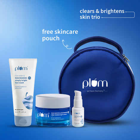 Buy Plum Bright Start Gift Set | Beginner-friendly routine |Face wash, moisturizer, Serum, Pouch, Combo of 4 - Purplle