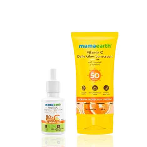 Buy Mamaearth Vitamin C Daily Glow Sunscreen with SPF 50 & PA+++ for Sun Tan Protection & Glow + Vitamin C Daily Glow Face Serum with Vitamin C & Turmeric For Radiant Skin Skincare kit, Combo of 2 - Purplle