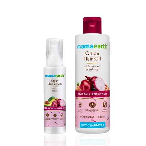 Buy Mamaearth Onion Hair Oil with Onion & Redensyl for Hair Fall Control + Onion Hair Serum with Onion and Biotin for Strong, Frizz-Free Hair Haircare kit, Combo of 2 - Purplle