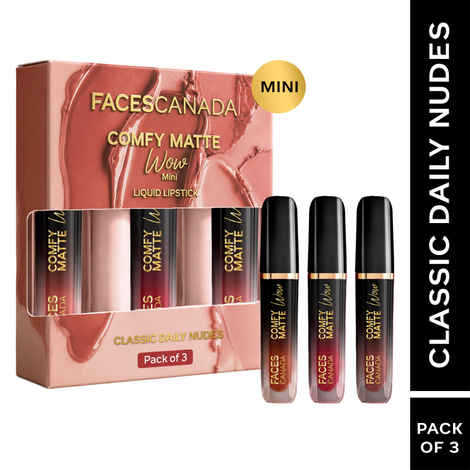 Buy FACES CANADA Comfy Matte Wow Mini Liquid Lipstick - Classic Daily Nudes, (2 ml x 3) | Choco Couture + Cocoa Crush + Nude Nectar | One Swipe Application | Highly Pigmented | Comfortable Wear | Long Lasting | Pack of 3 - Purplle