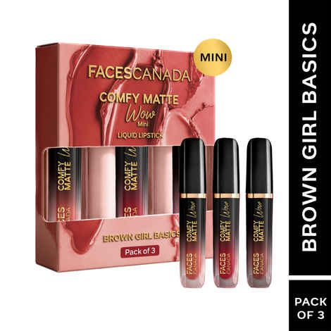 Buy FACES CANADA Comfy Matte Wow Mini Liquid Lipstick - Brown Girl Basics, (2 ml x 3) | Choco Couture + Mauve Majesty + Maroon Maven | One Swipe Application | Highly Pigmented | Comfortable Wear | Long Lasting | Pack of 3 - Purplle