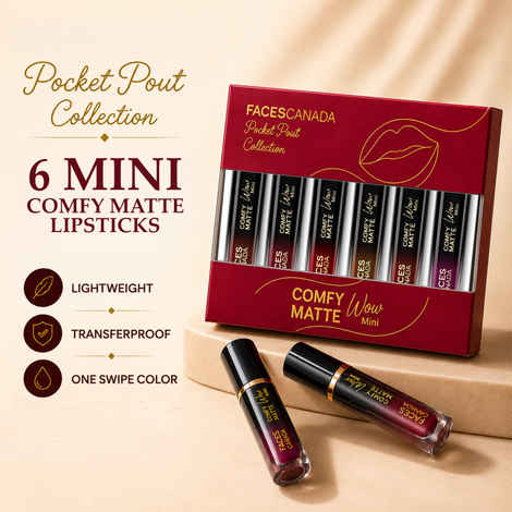 Buy Faces Canada Comfy Matte Wow Mini Liquid Lipstick Kit |Pack of 6 | Pocket Pout Collection | Lightweight Soft Matte Finish | One Swipe Color Payoff | Transferproof Formula - Purplle