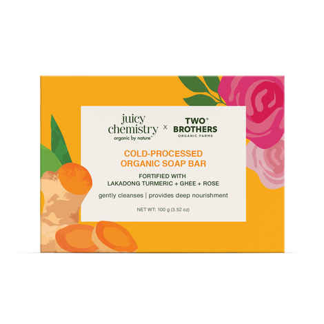 Buy Juicy Chemistry x Two Brothers Organic Farms Lakadong Turmeric, Ghee & Rose Organic Soap Bar, 100 gm | Cold-Processed Bath Soap for Face & Body | Deeply Nourishing & Hydrating | Gentle Cleanser | Healthy Looking Skin - Purplle