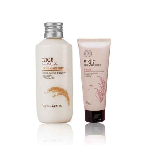 Buy The Face Shop Rice Water Bright Cleansing Foam 100 ml | The Face Shop Rice & Ceramide Moisturizing Emulsion with Rice Extracts for brightening skin |Light weight emulsion for Moisturizing, |Locks Moi Combo of 2 - Purplle